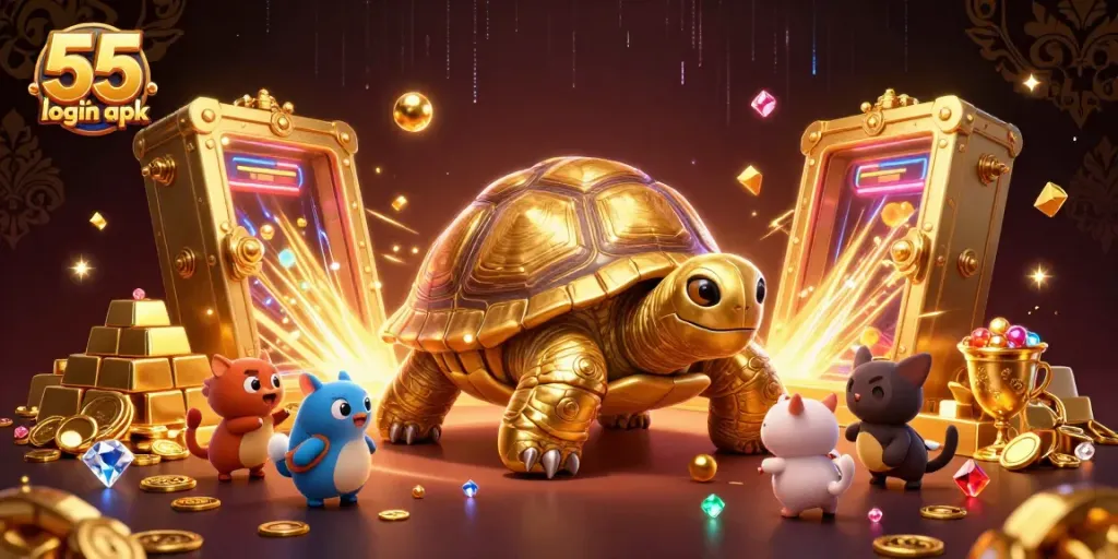Immerse in fun with 55 club login apk featuring a colossal tortoise pinball machine, gleaming treasures around.