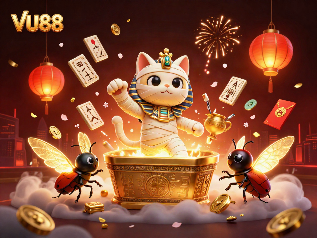 Join the VU88 casino adventure with a cartoon mummy cat and glowing scarab in a vibrant pyramid setting.