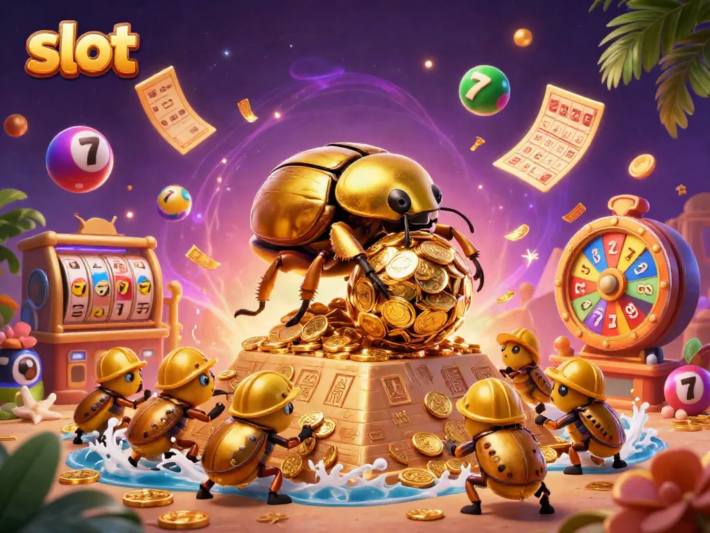 Engage with the vibrant world of slots featuring a golden beetle, coins, and dynamic casino symbols.