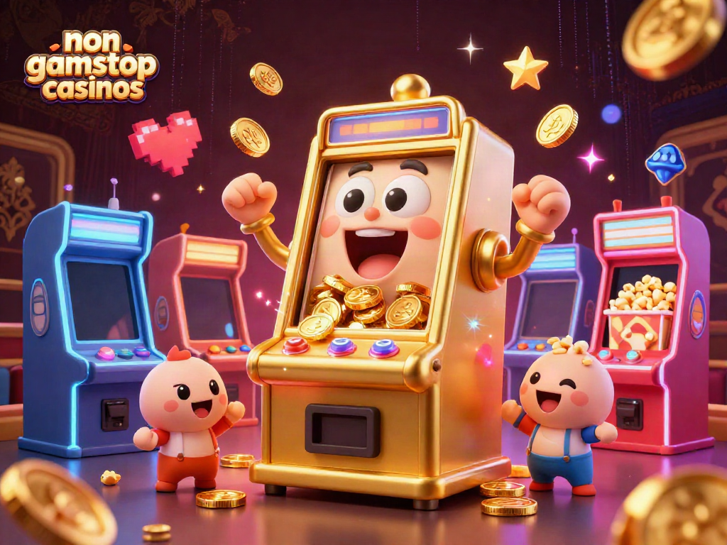Experience the thrill of non gamstop casinos with a golden slot machine hitting a jackpot amid a lively gaming scene.