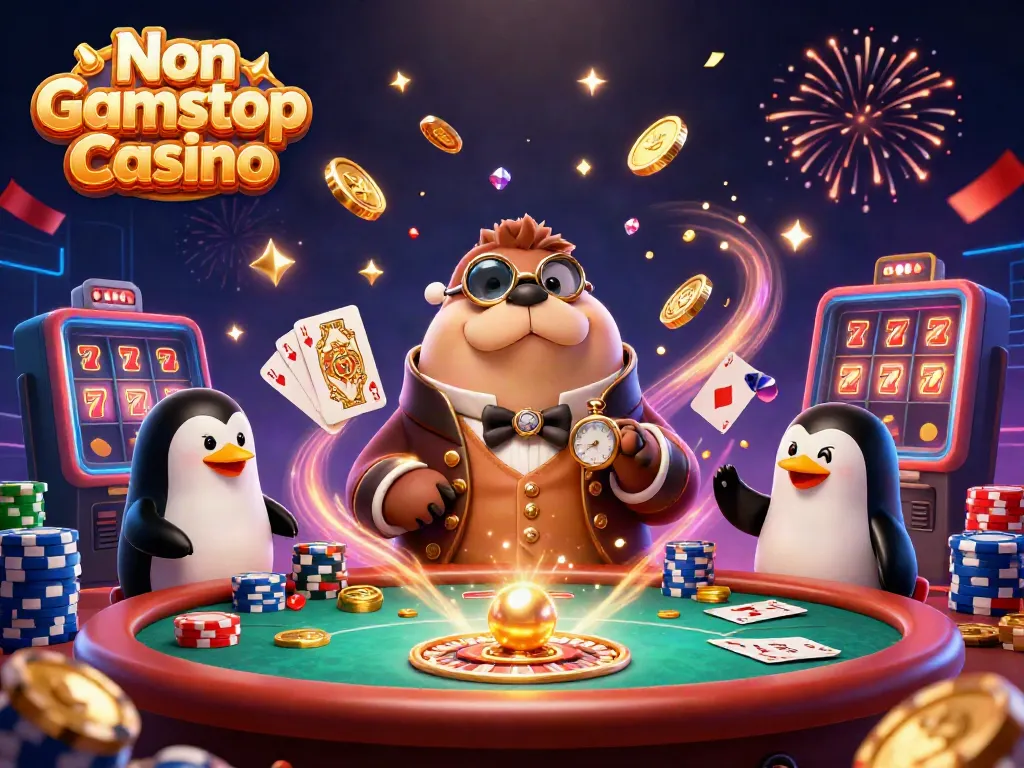 Engaging casino scene depicting Non Gamstop Casino with a walrus playing poker underwater, celebrating wins.