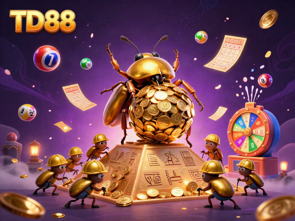 Engage with TD88's thrilling casino experience as a golden beetle rolls coins amidst vibrant gaming elements.