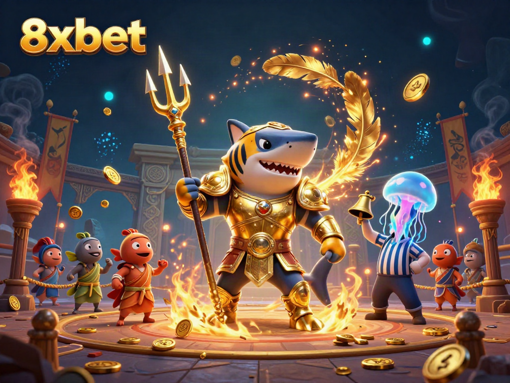 Engage with thrilling moments at 8xbet featuring a fierce shark gladiator in a vibrant underwater arena.