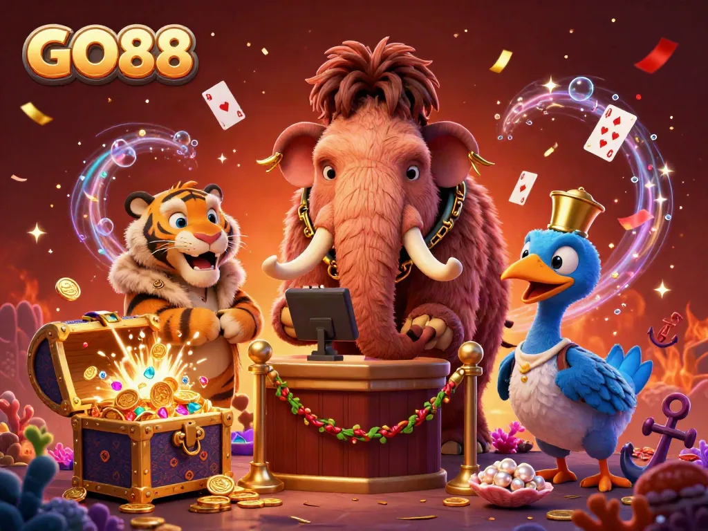Experience excitement at GO88 with a 3D bouncing woolly mammoth checking IDs in a vibrant casino atmosphere.