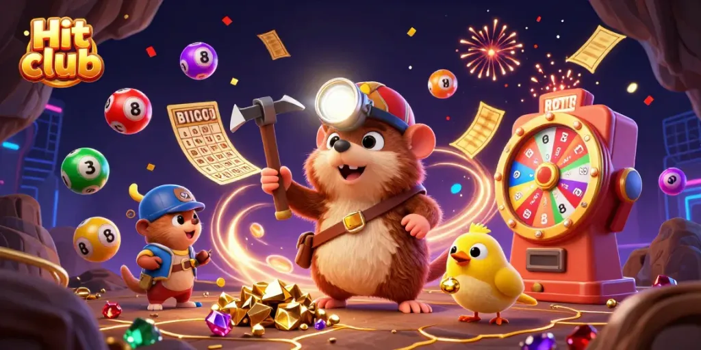 Engage in thrilling games at Hit club with a vibrant 3D treasure scene full of exciting lottery elements.
