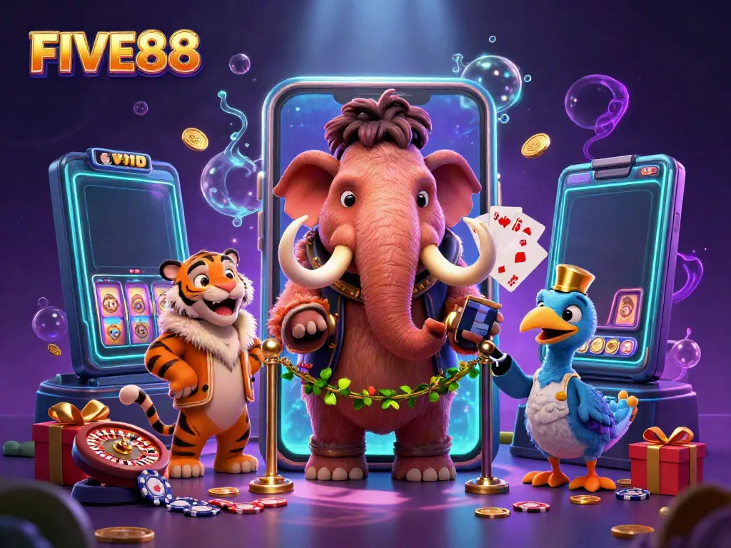 Experience the thrilling atmosphere at FIVE88 with a cartoon woolly mammoth checking IDs, surrounded by casino elements.