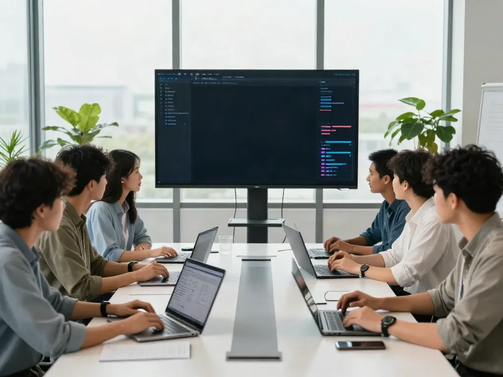 Developers in a professional digital workspace showcasing a vibrant teamwork atmosphere to visit homepage of innovative software solutions.