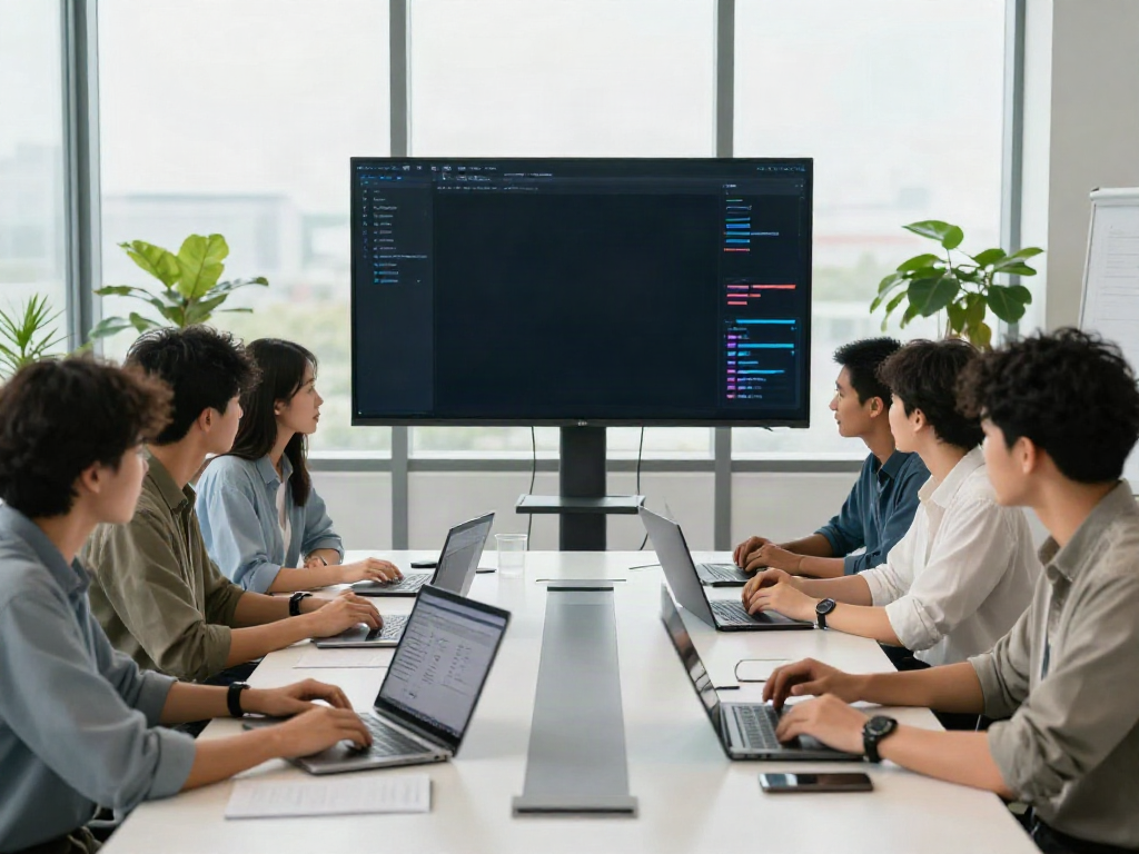 Developers in a professional digital workspace showcasing a vibrant teamwork atmosphere to visit homepage of innovative software solutions.