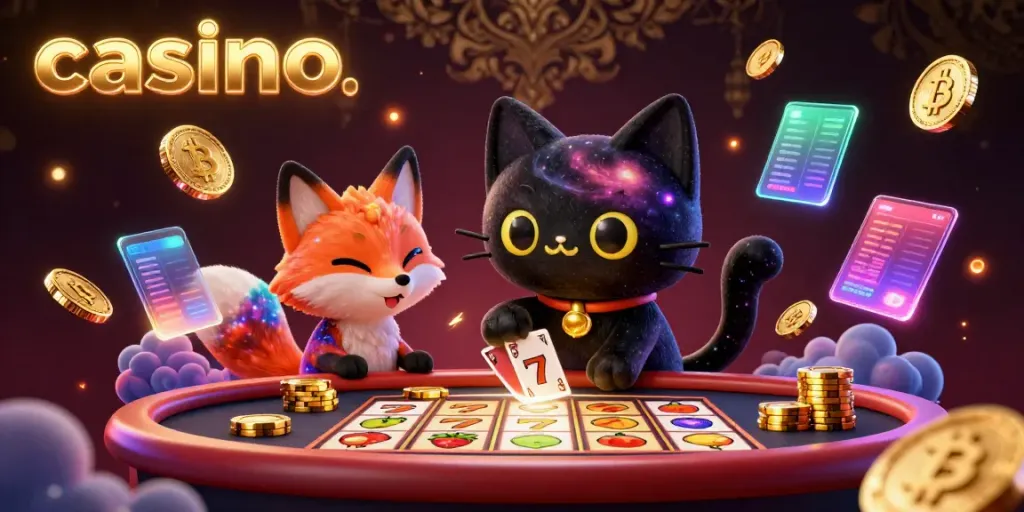 Engaging casino scene with cosmic black hole cat and colorful nebula fox drawing in chips amidst high-stakes slots and crypto-themed elements.