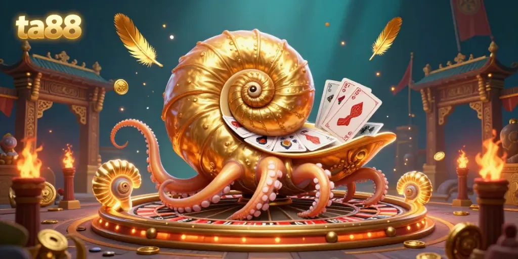 Engage with ta88's thrilling 3D casino scene featuring a nautilus roulette wheel holding cards, surrounded by glowing ammonite fossils.