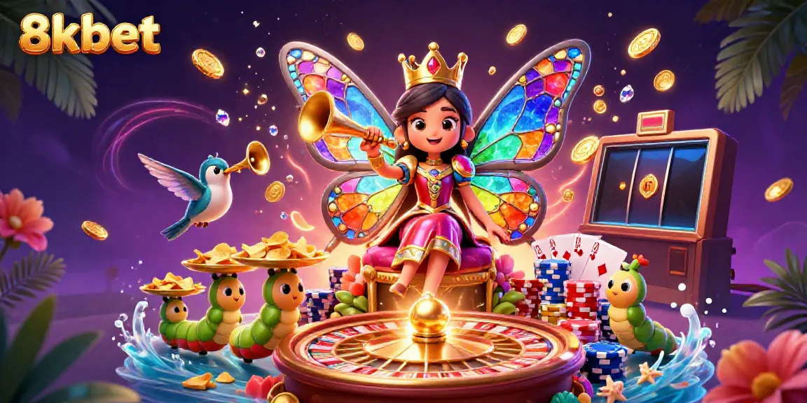 Engage with 8xbet's vibrant casino world featuring a butterfly queen and dazzling gaming elements.