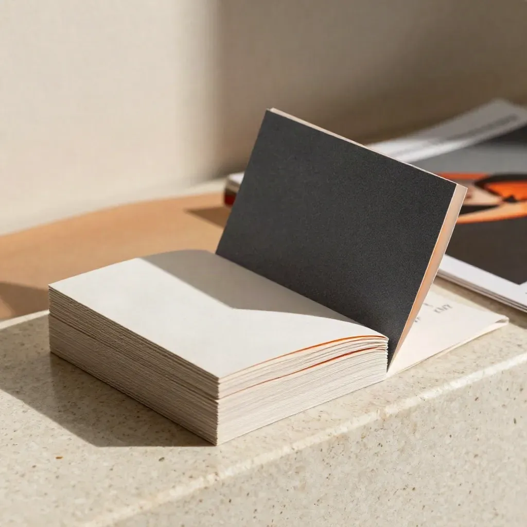 Print collateral stack on pale stone ledge in warm window light with ember orange accent.