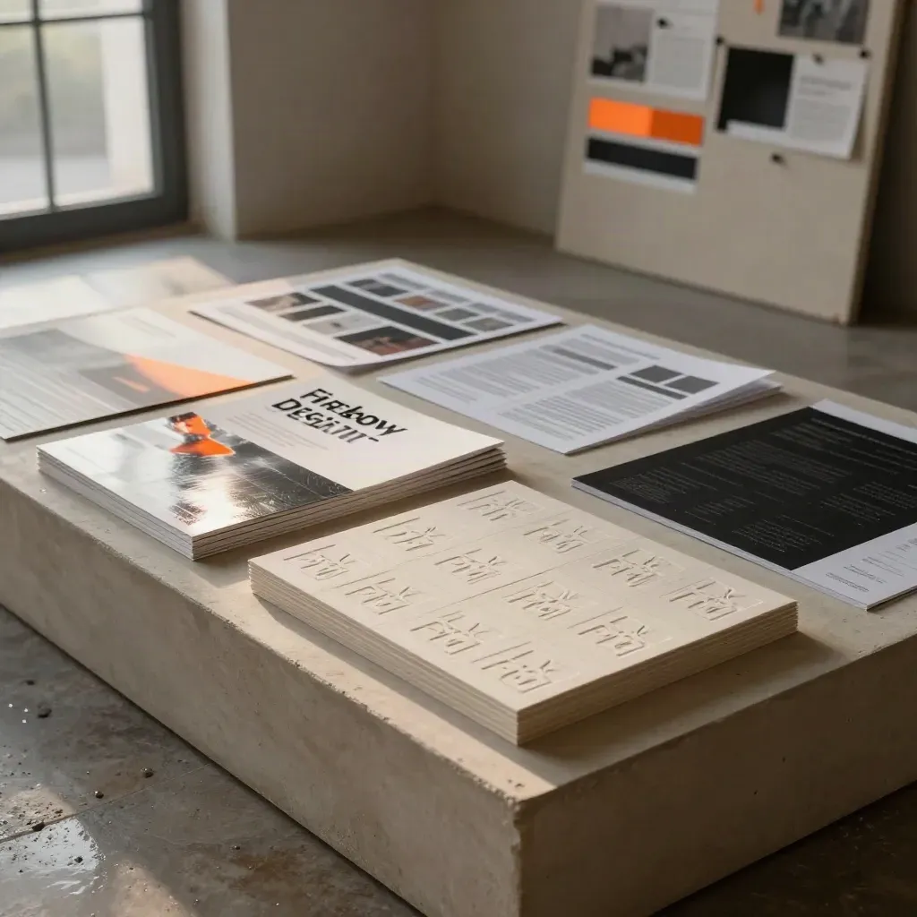 Fireboy Design materials spread on a plaster plinth with foil swatches and proofs in warm side light