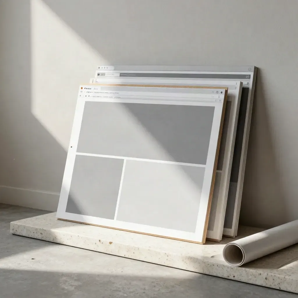 Website mockup boards on foam board leaning in a studio with soft daylight and dust motes.
