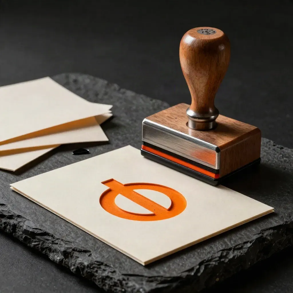Foil-pressed symbol card, stamp block and die-cut packaging sample on a charcoal plinth.