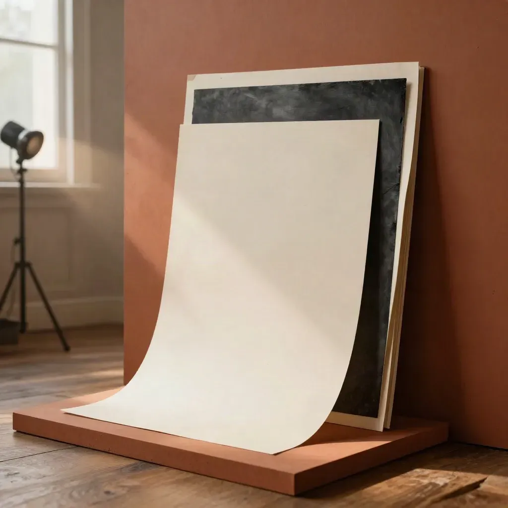 Campaign visual poster proofs with acrylic mounts in a warm clay-toned studio corner.