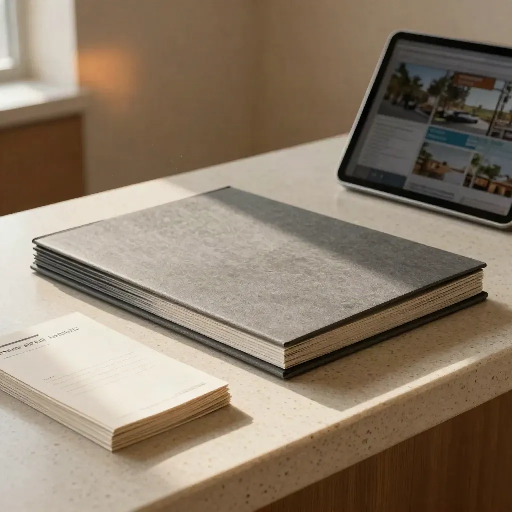 Slate clinic stationery suite with brochures, booking cards, and folders on pale stone.