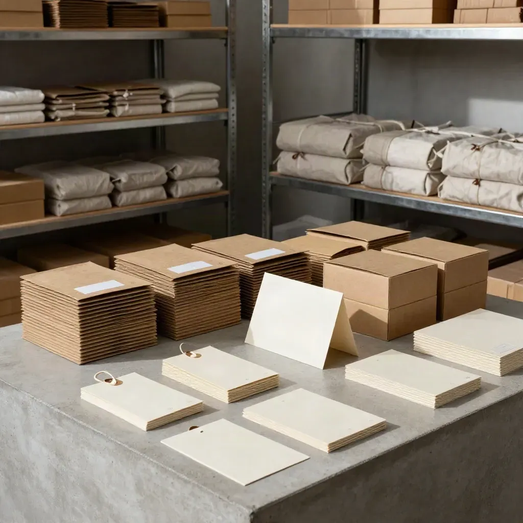 Neat packaging rollout on shelves in a studio bay, with boxes, tags and mailers in soft daylight.
