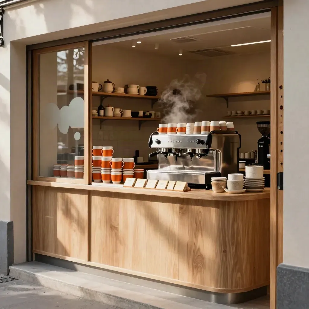 Finished café frontage with cups, menu rail, window film and ceramics in warm daylight