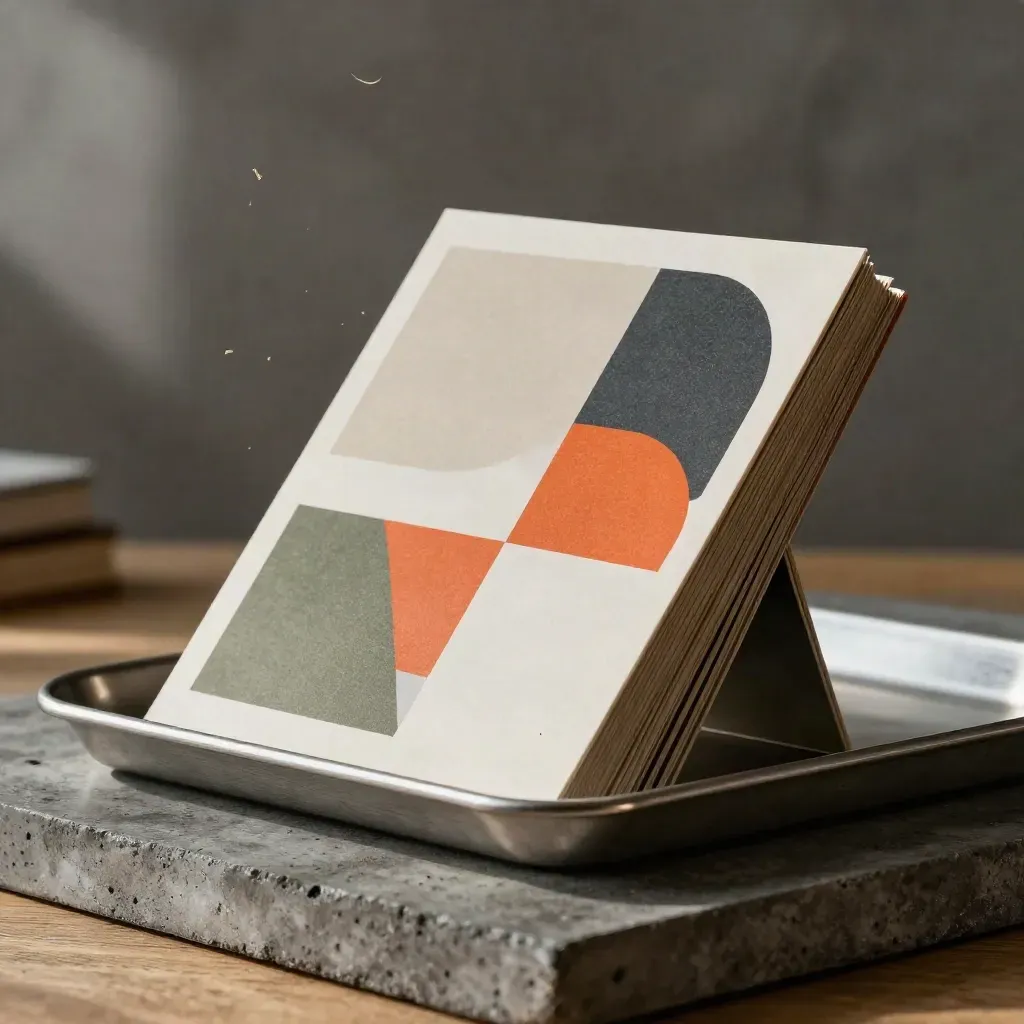 Social graphic tiles slide in a tilted tray on a concrete plinth, lit from upper left.