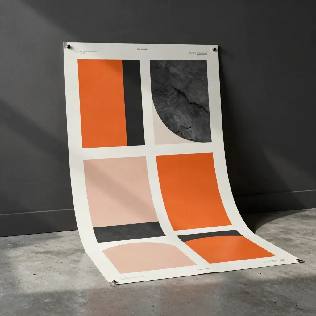 Poster proofs and a rolled campaign banner lean on a studio floor in dramatic light.
