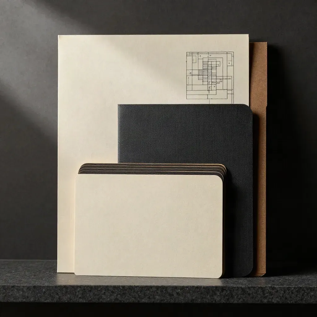 Macro of cream letterhead, black folders, embossed cards and a turned site plan board on dark stone.