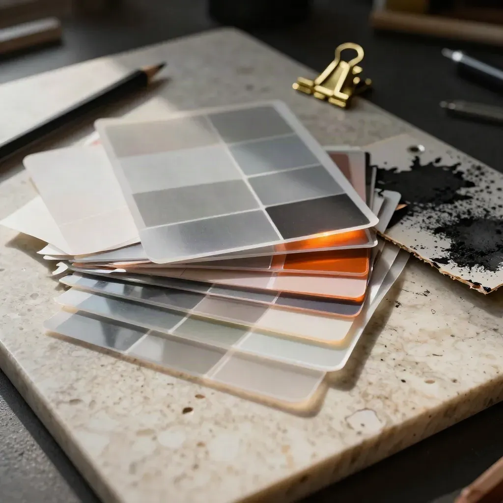Acetate overlays, swatches, clips and a mood board edge on travertine.