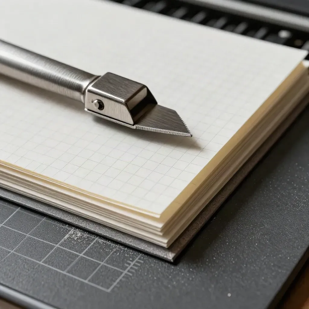 Macro of a steel blade holder with grid paper offcuts and vinyl scraps on a cutting mat