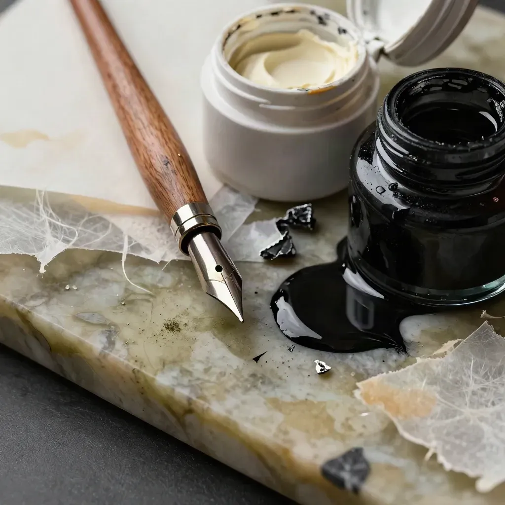 Macro of ink nibs, brush pens, gouache pans and vellum scraps beside a fresh ink pool.