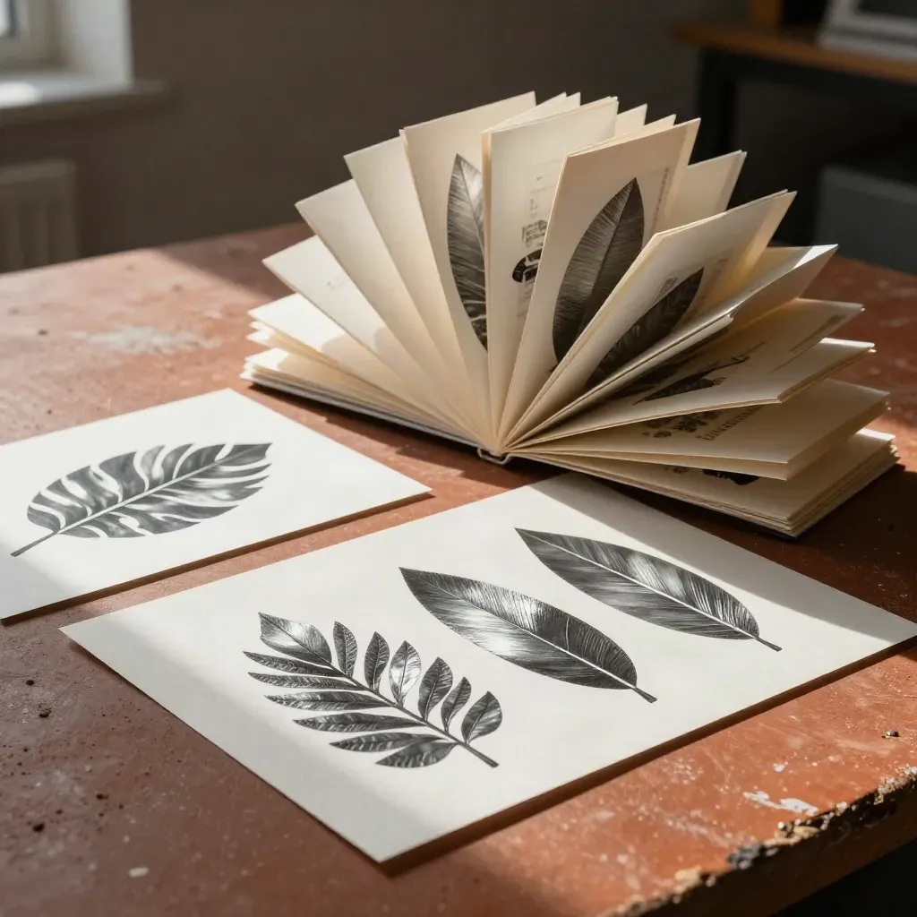 Print designer still life with paper swatches, foil samples, folded signatures, and proof sheets.