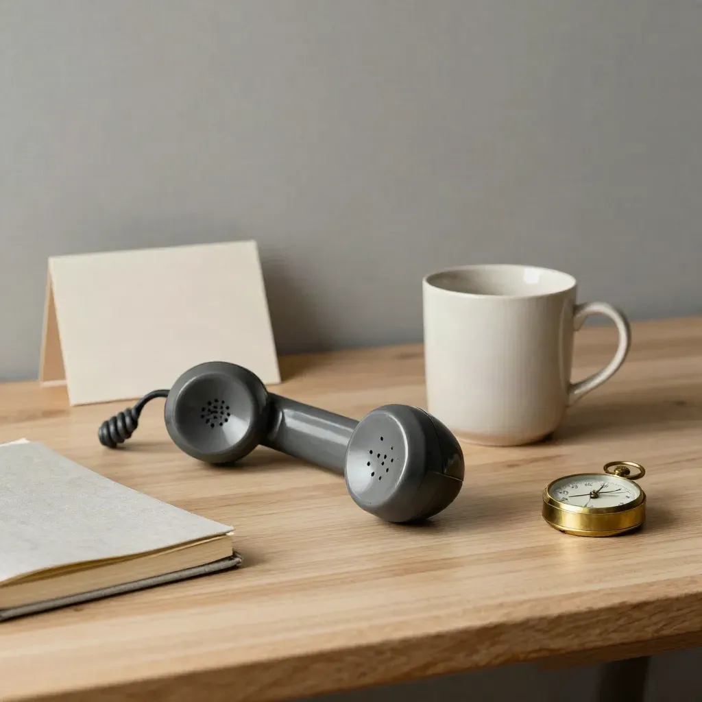 Graphite handset, mug, notebook and brass timer on pale wood in soft side light.