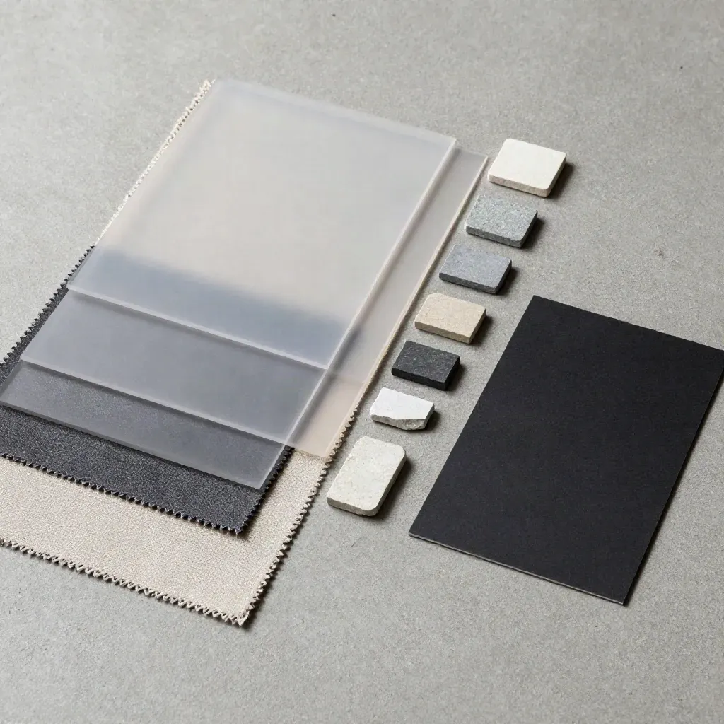 Overhead style route board with fabric swatches, acetate overlays, paint chips and a black sample card.