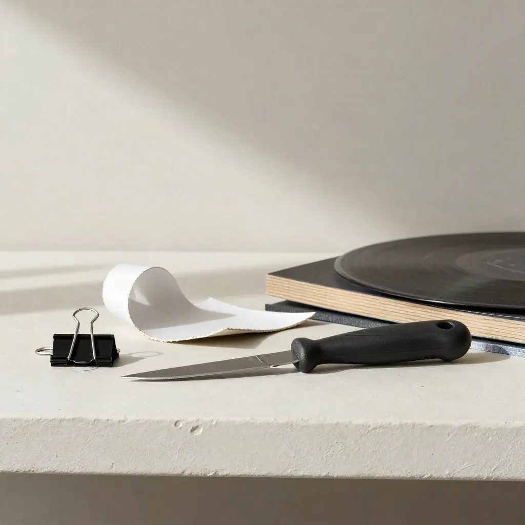 Cut vinyl offcuts, foam-core scraps, clips and a knife on a pale work shelf.
