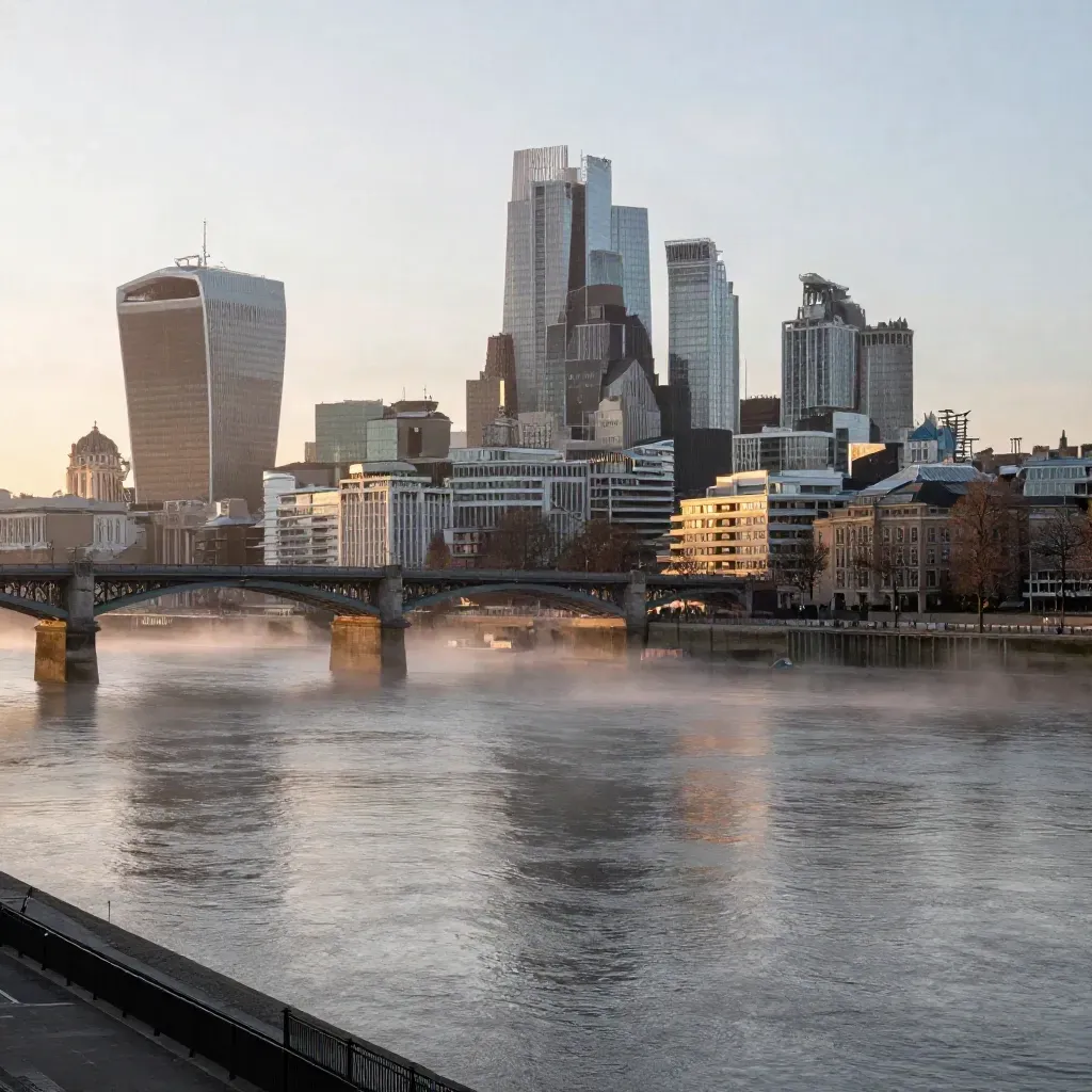 London skyline and bridge in dusk mist, with calm river and warm light