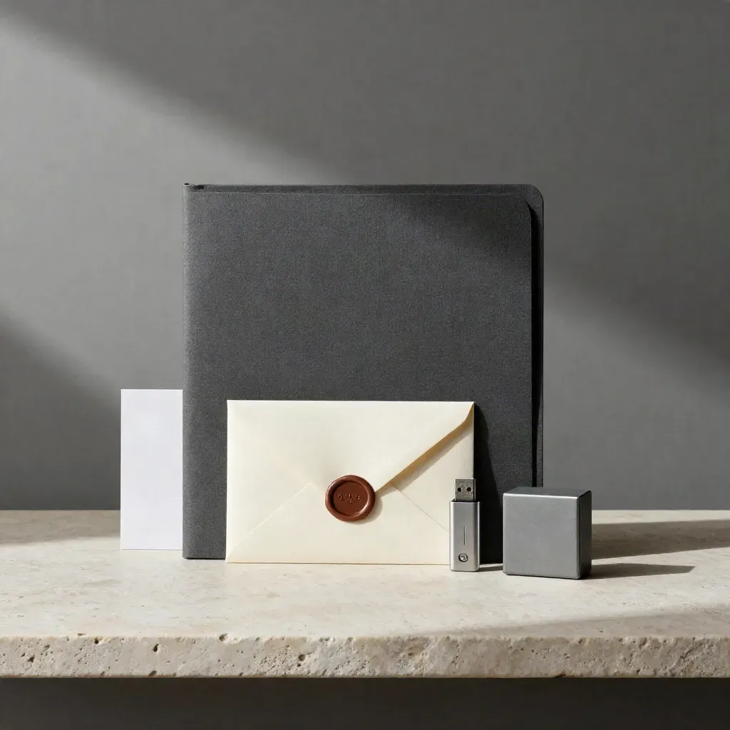 Stone shelf handoff pack with folder, envelope, USB drive and card box in soft side light.