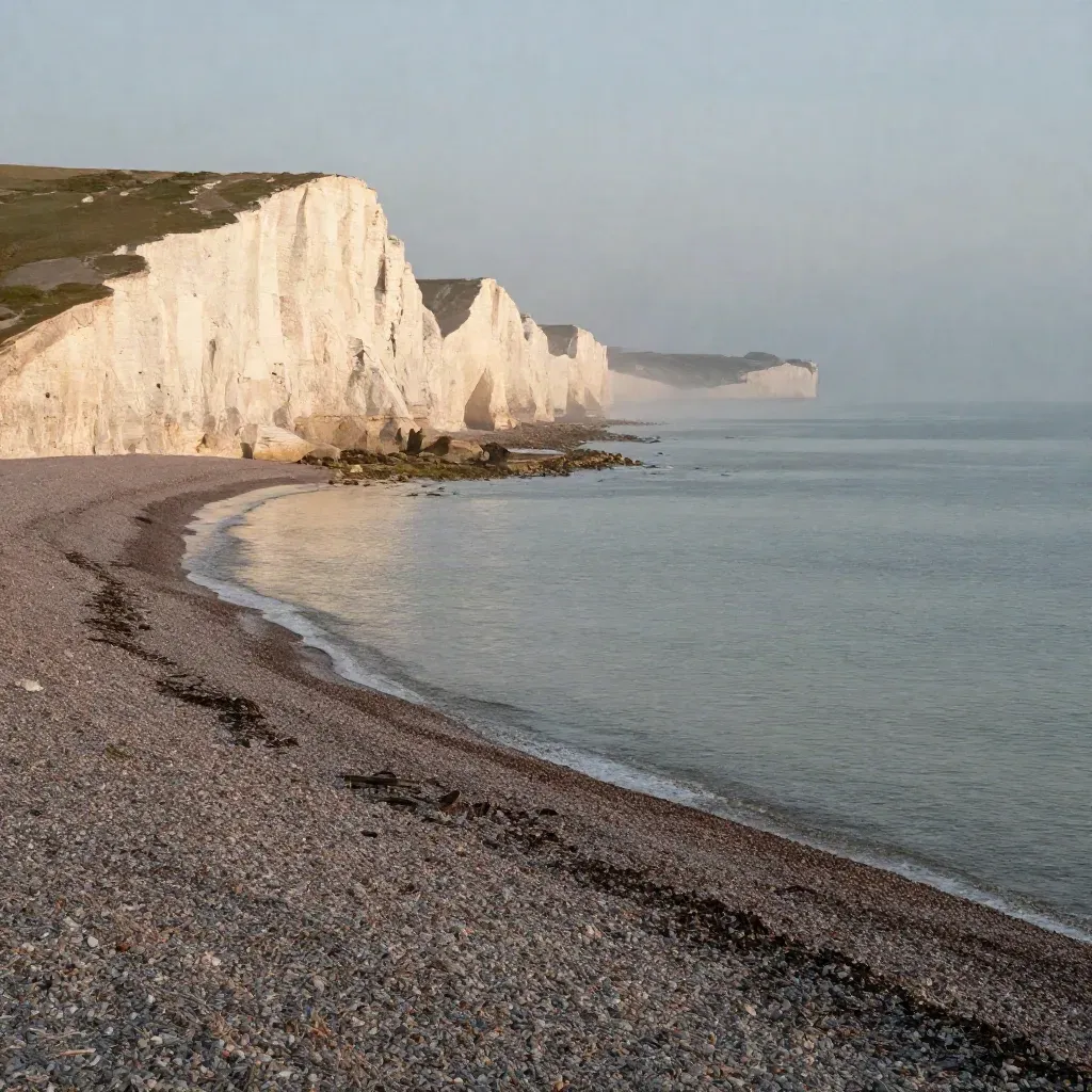 White chalk cliffs above a misty calm sea at sunset, with open shingle foreground.