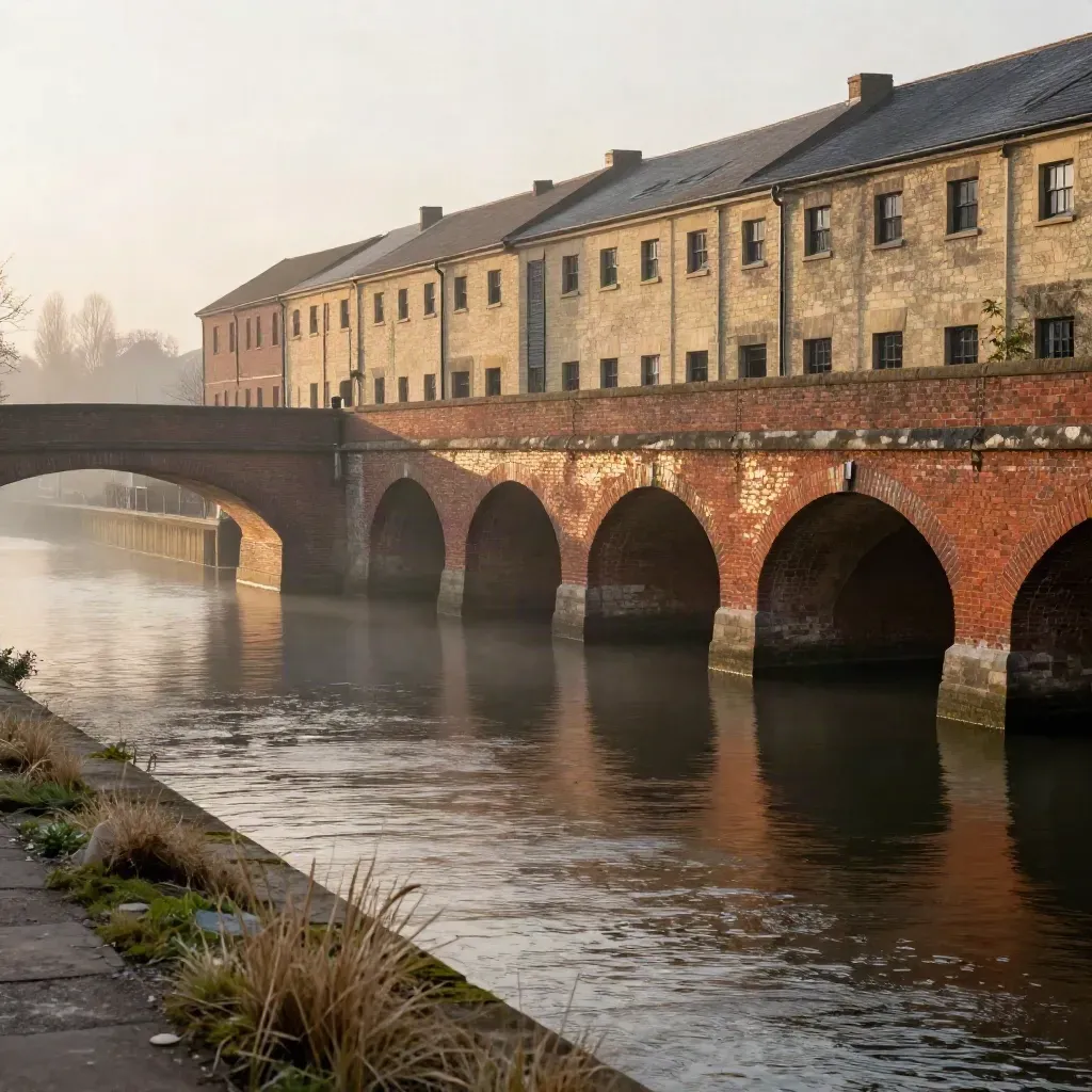 Golden-hour canal viaduct and warehouse skyline in the North West, soft haze and calm water