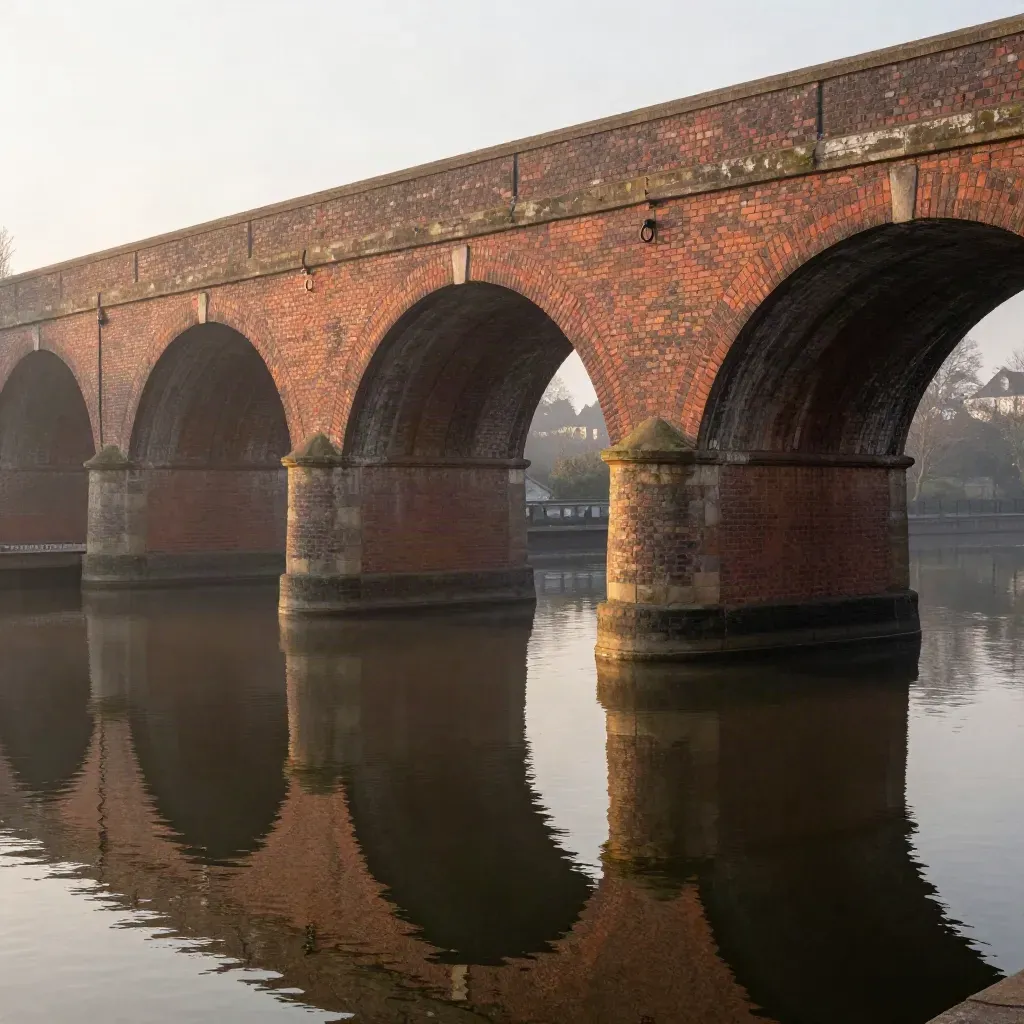 Dusk canal arches and still water in the West Midlands with calm copy space below.
