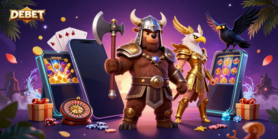 Experience thrilling gaming moments with DEBET's vibrant 3D characters and casino elements.