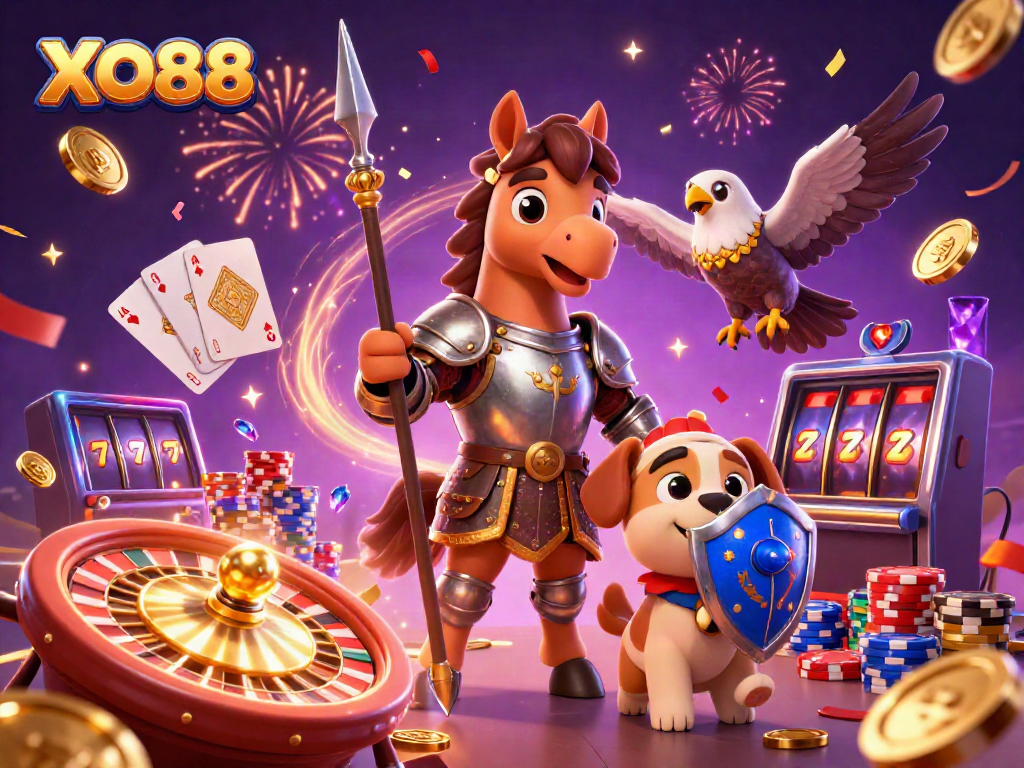 Experience thrilling casino action with XO88's vibrant 3D illustration showcasing knight and whimsical characters amidst dazzling game elements.