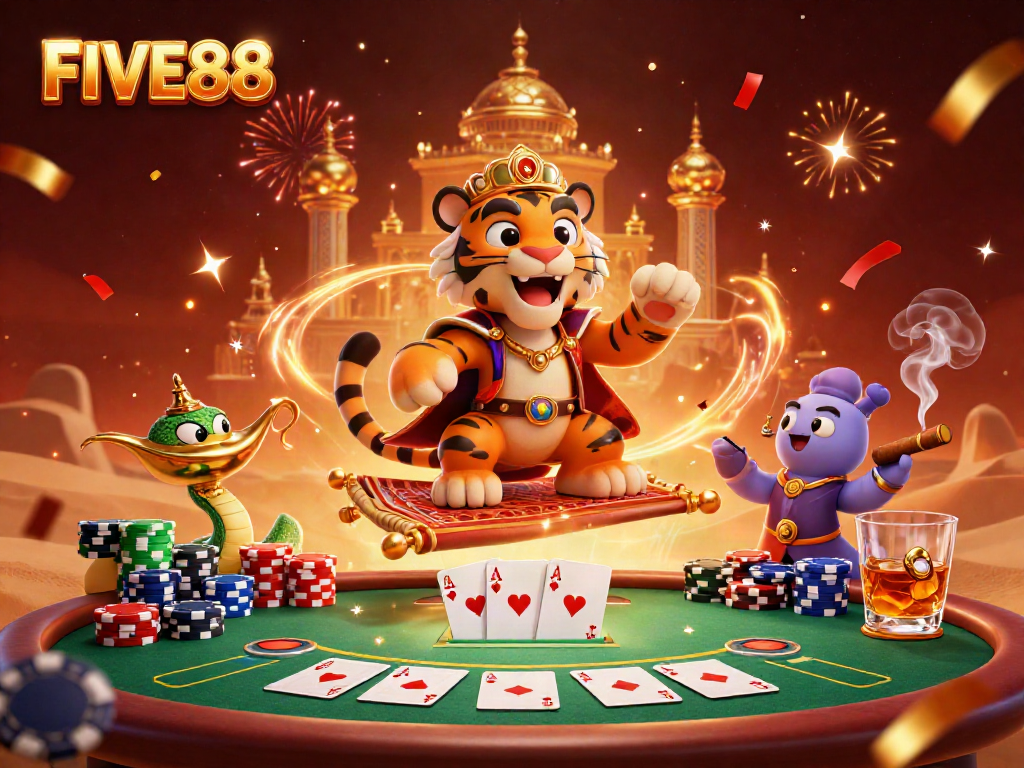 Join the adventure at FIVE88 with a vibrant casino scene featuring a sultan and magical elements.