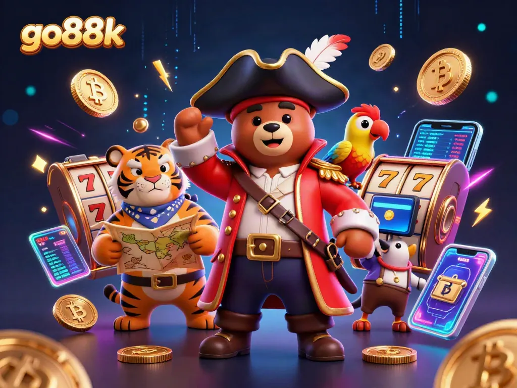 Spin the reels with go88k featuring an adventurous bear captain, tiger first mate, and rich casino elements.