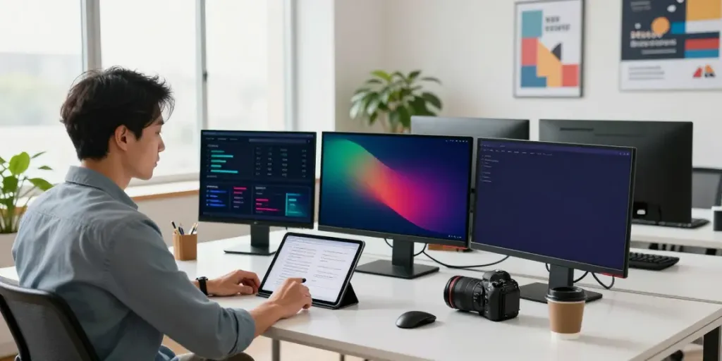Expert analyzing instant indexing data on multiple screens in a modern office.