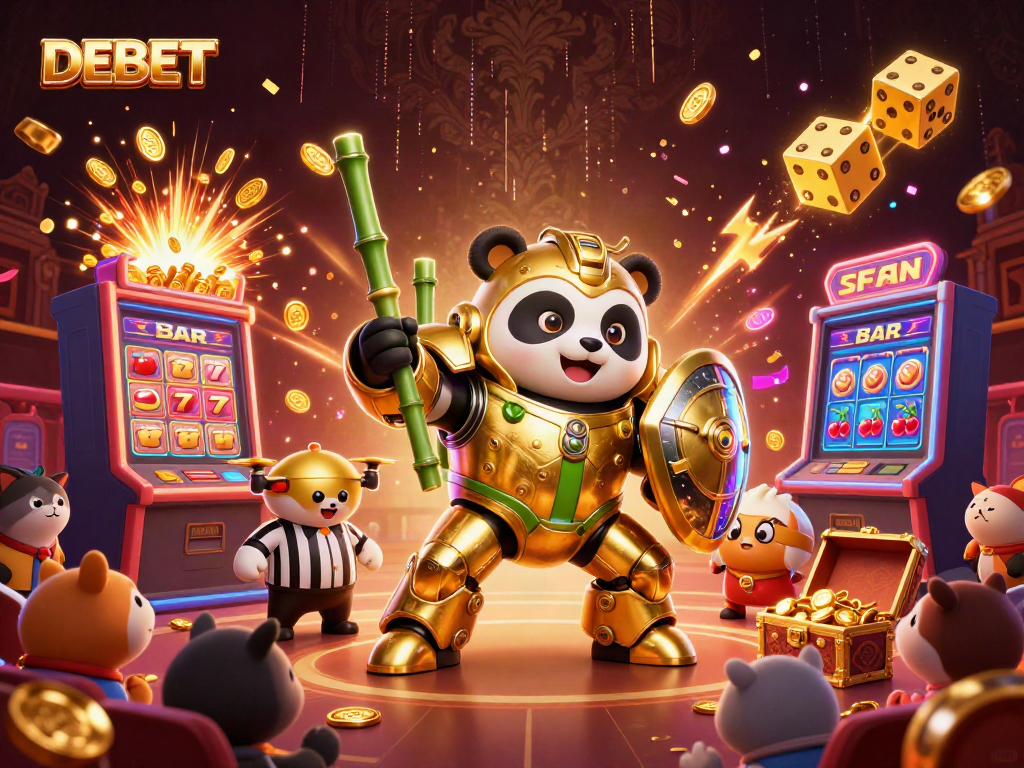 Experience the excitement of DEBET casino with a golden panda pilot in a thrilling arena loade with vibrant game elements.