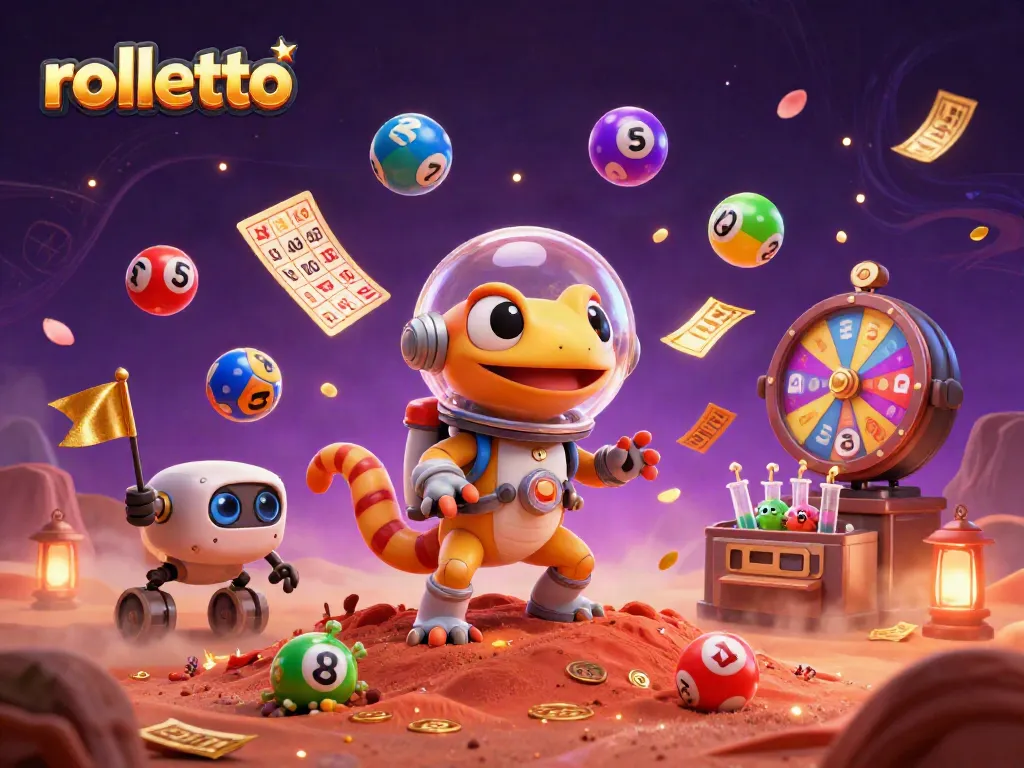 rolletto gecko explores a golden casino with lively lottery elements and alien cheers