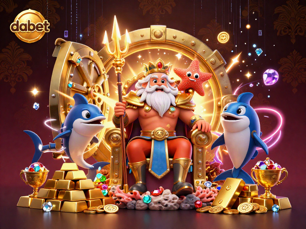 Dabet offers a captivating casino experience with Neptune, the king, symbolizing fortune among treasures.