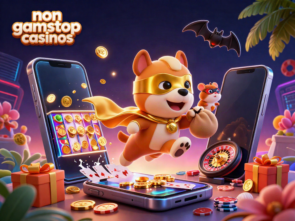 Engaging scene of non gamstop casinos, featuring a superhero dog flying with gold coins amidst casino elements