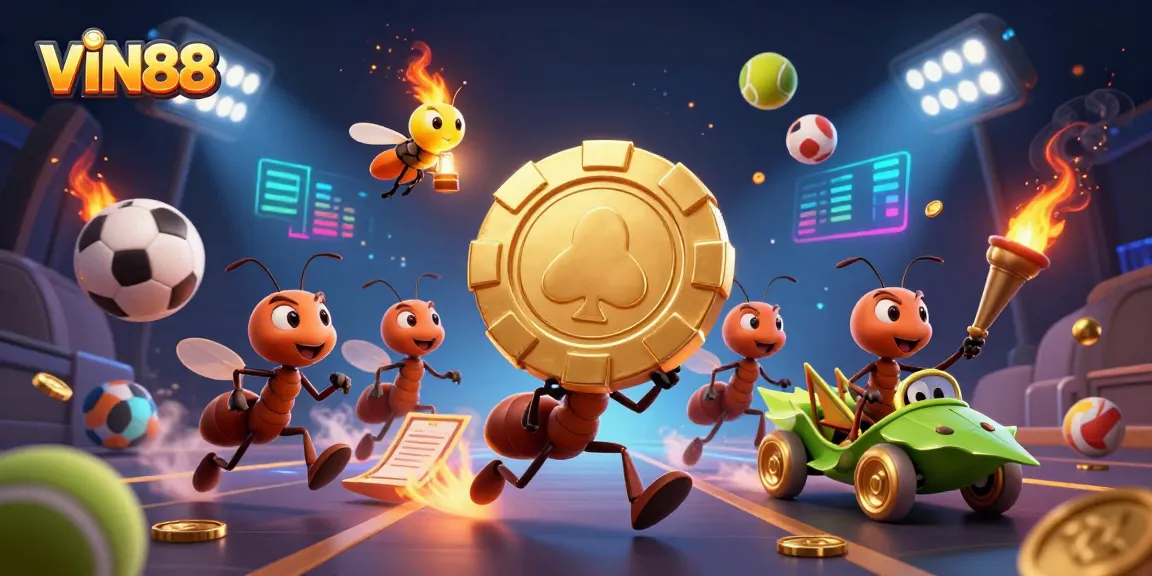 VIN88 showcases a thrilling cartoon heist scene with ants carrying a golden poker chip amid dynamic sports elements.