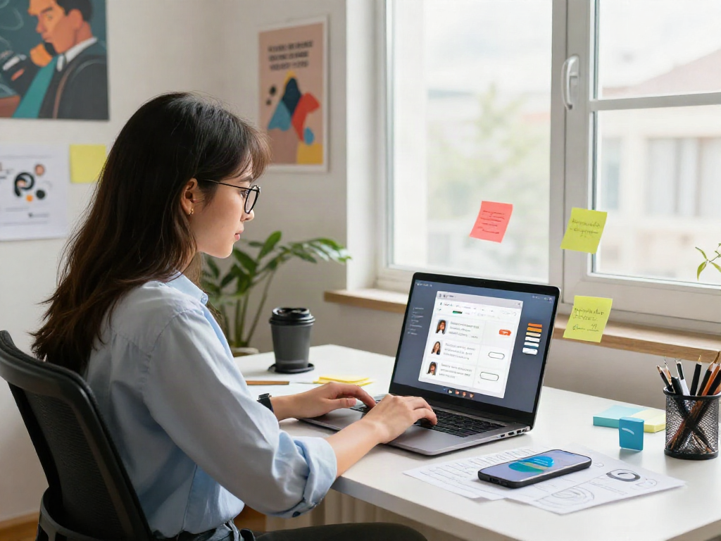 Engaged professional using spicychat in a vibrant workspace, showcasing digital communication.