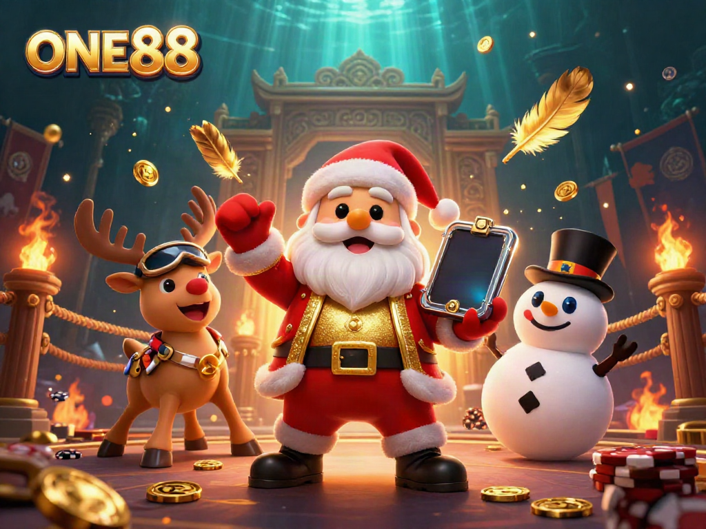 Experience thrilling gameplay with ONE88's festive casino scene featuring unique characters and vibrant energy.
